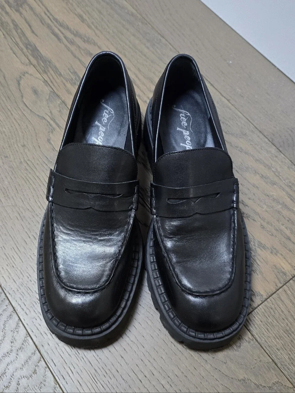 Free People Lyra Lug Sole Platform Leather Penny Loafer in Black